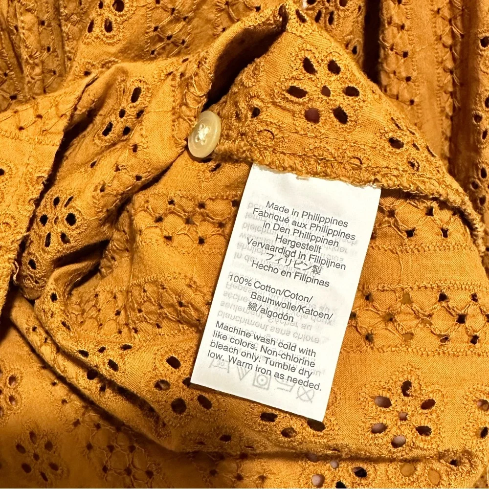 Madewell Eyelet double-tie peasant blouse, top. Medium, mustard color. - Picture 3 of 5